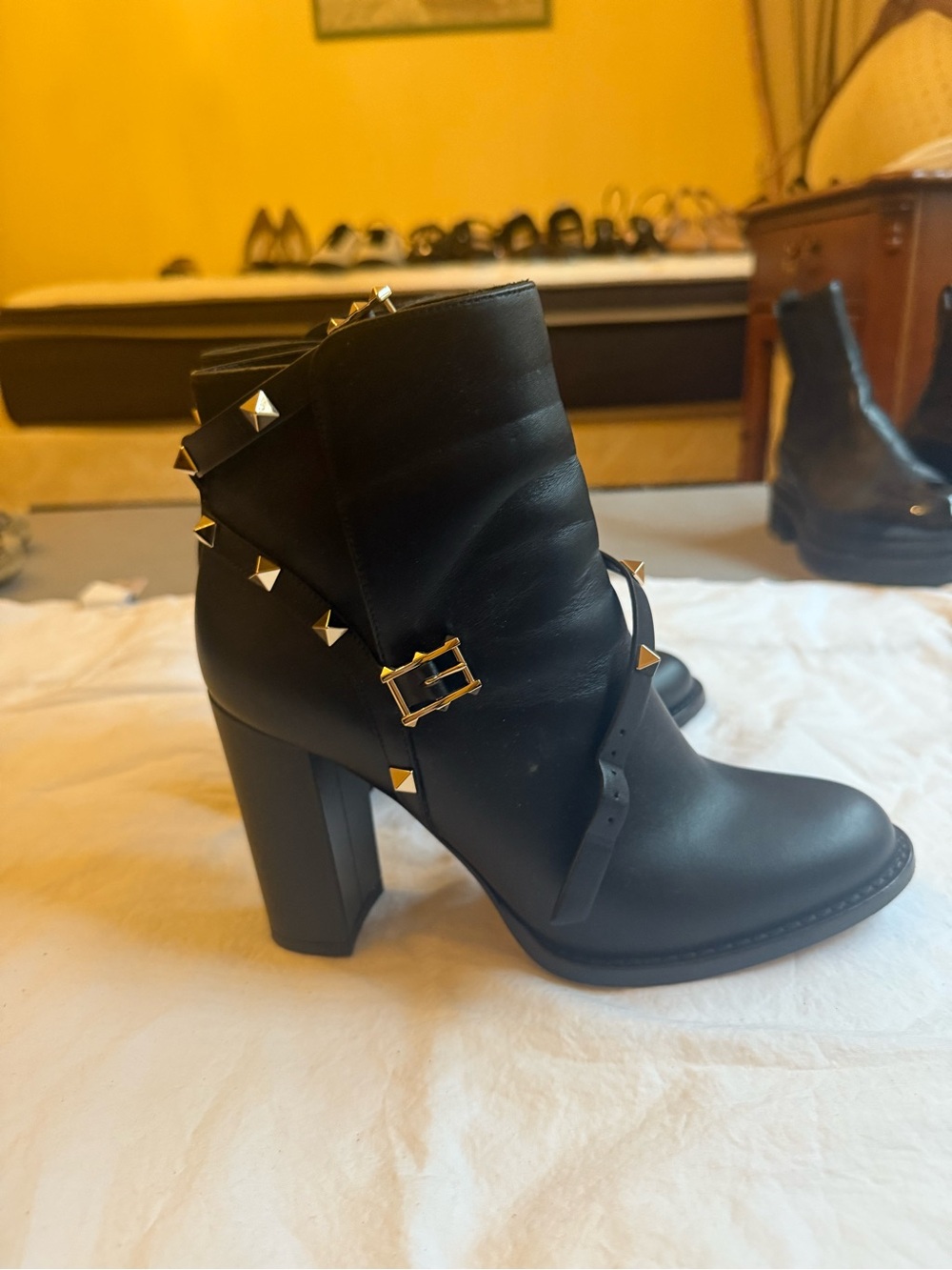 Valentino Black Leather Studded Block-Heel Ankle Boots